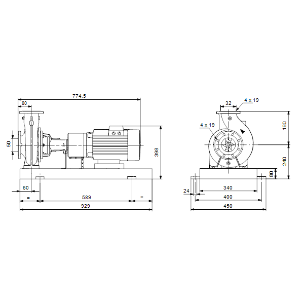 Консольный насос с односторонним всасыванием Grundfos NKGE 50-32-200.1/207 A1-F-K-E-BQQE артикул 98112323 – габаритный чертеж