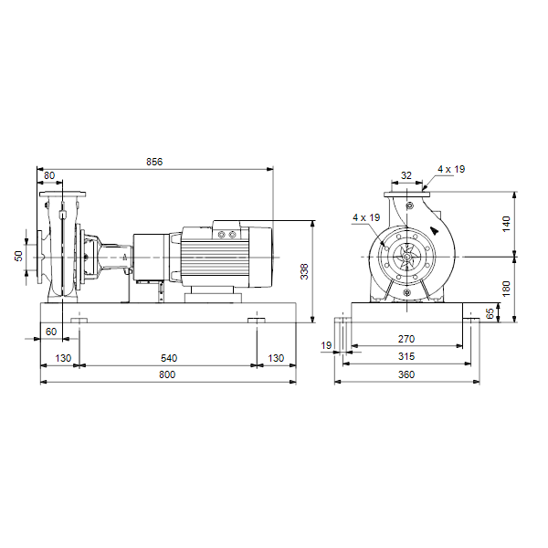 Консольный насос с односторонним всасыванием Grundfos NKE 32-125.1/121 A2-F-L-E-BQQE артикул 98112433 – габаритный чертеж