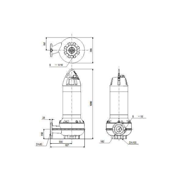 Погружной канализационный насос Grundfos SLV.80.80.265.2.52H.S.Q.N.51D артикул 98419398 – габаритный чертеж