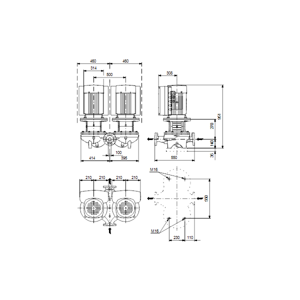 Одноступенчатый вертикальный центробежный насос «ин-лайн» Grundfos TPED 100-390/2 A-F-A-BQQE артикул 96110348 – габаритный чертеж