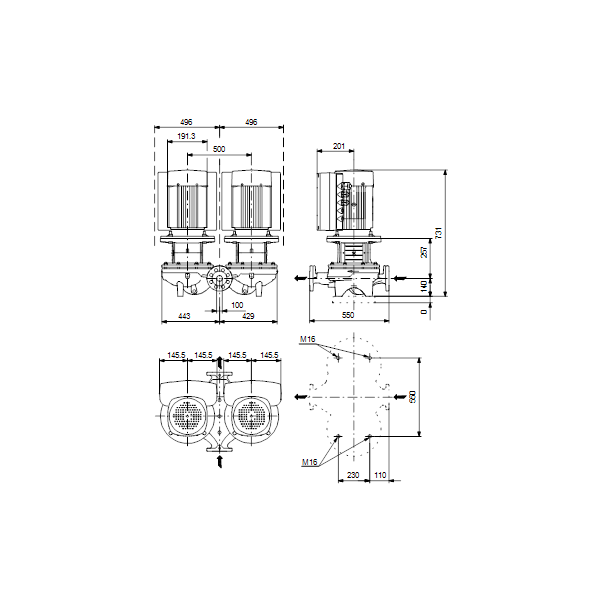 Одноступенчатый вертикальный центробежный насос «ин-лайн» Grundfos TPED 100-130/4-S A-F-A-BAQE артикул 99132787 – габаритный чертеж