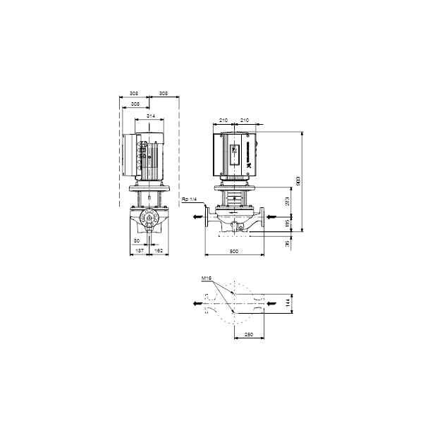 Одноступенчатый вертикальный центробежный насос «ин-лайн» Grundfos TPE 80-520/2 A-F-A-BQQE артикул 96110066 – габаритный чертеж