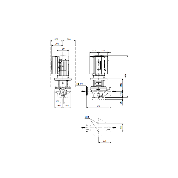 Одноступенчатый вертикальный центробежный насос «ин-лайн» Grundfos TPE 100-370/4-S A-F-A-BAQE артикул 96276057 – габаритный чертеж