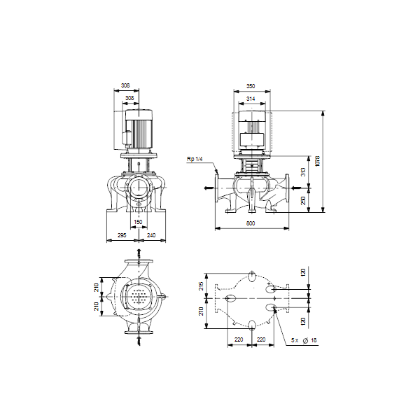 Одноступенчатый вертикальный центробежный насос «ин-лайн» Grundfos TPE 150-155/4-S A-F-A-BAQE артикул 98908278 – габаритный чертеж