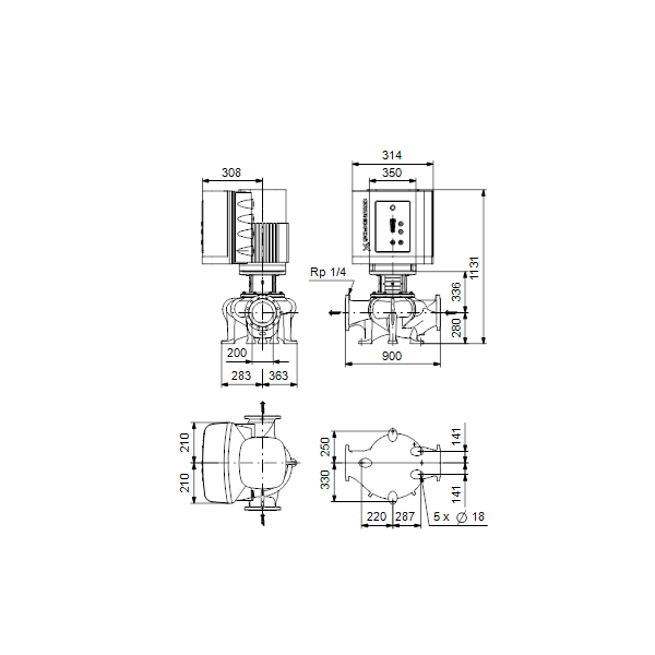 Одноступенчатый вертикальный центробежный насос «ин-лайн» Grundfos TPE 200-130/4-S A-F-A-BAQE артикул 95046229 – габаритный чертеж
