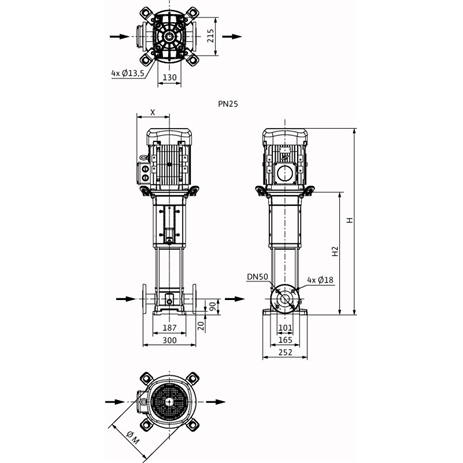 Габаритный чертеж насоса Wilo HELIX V 1607-2/25/V/KS/400-50