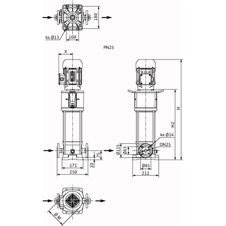 Габаритный чертеж насоса Wilo HELIX V 216-1/25/E/KS/400-50