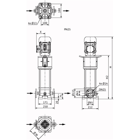 Габаритный чертеж насоса Wilo HELIX V 226-2/25/V/KS/400-50