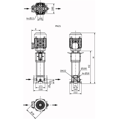 Габаритный чертеж насоса Wilo HELIX V 606-2/25/V/KS/400-50