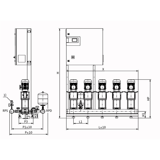 Габаритный чертеж насосной станции Wilo COR-5 HELIX V 607/CC-EB-R