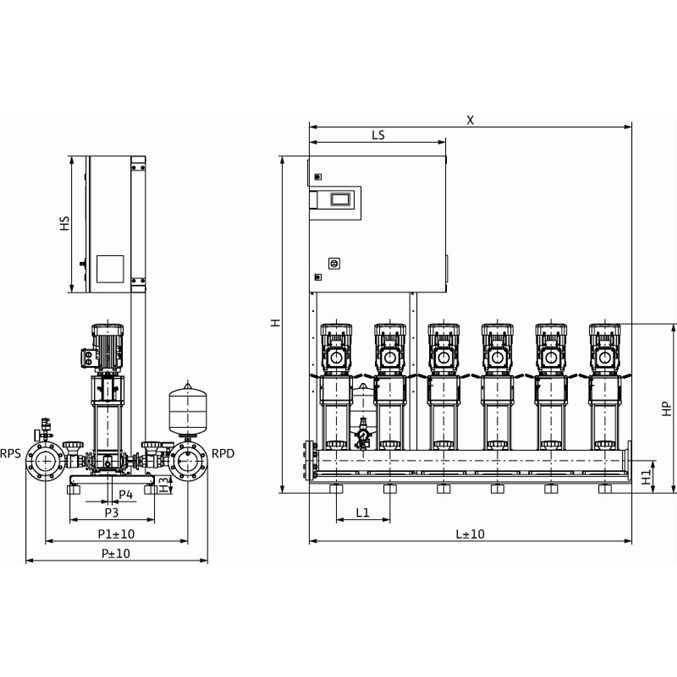 Габаритный чертеж насосной станции Wilo COR-6 HELIX V 1011/CC-EB-R